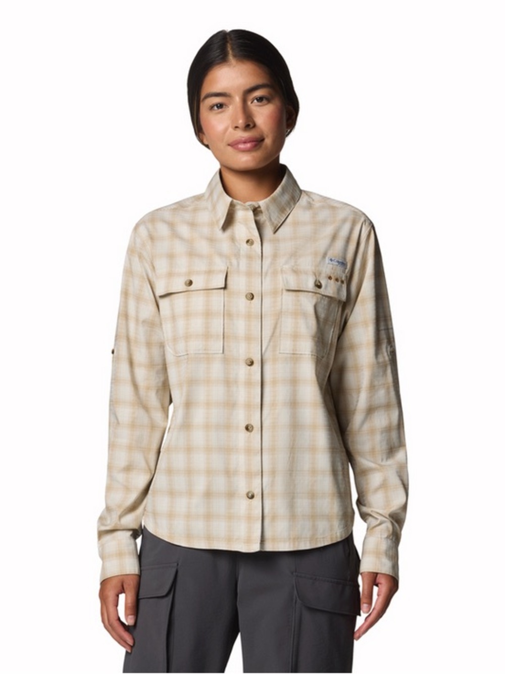 Columbia Beige Plaid Outdoor Button-Up Shirt, Performance Fishing Gear, UPF 50